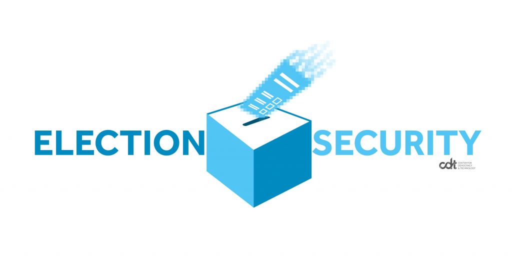 Graphic for CDT's Election Security work. White background, with "Election Security" in dark and light blue text, with a similar-colored ballot box – and a ballot with a digitized trail. Small CDT logo.