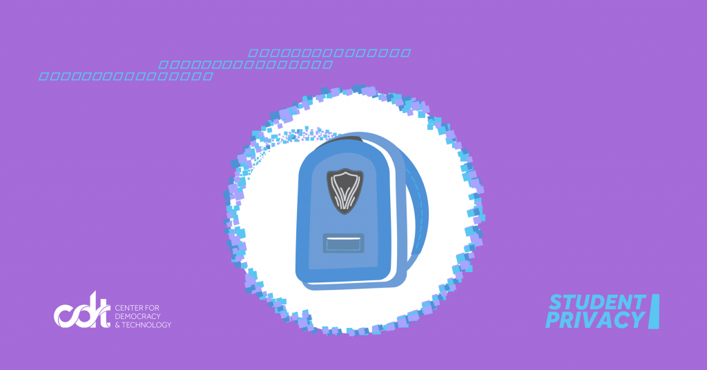 Blue student backpack, with a multi-color trail of data coming from the open top of the bag and encircling it. White CDT logo to the left, "Student Privacy" in blue to the right, and a bright purple background.
