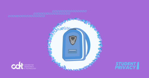 Blue student backpack, with a multi-color trail of data coming from the open top of the bag and encircling it. White CDT logo to the left, 