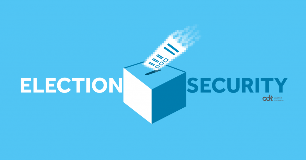 Graphic for CDT's Election Security work. Blue background, with "Election Security" in white and dark blue text, with a similar-colored ballot box – and a ballot with a digitized trail. Small CDT logo.