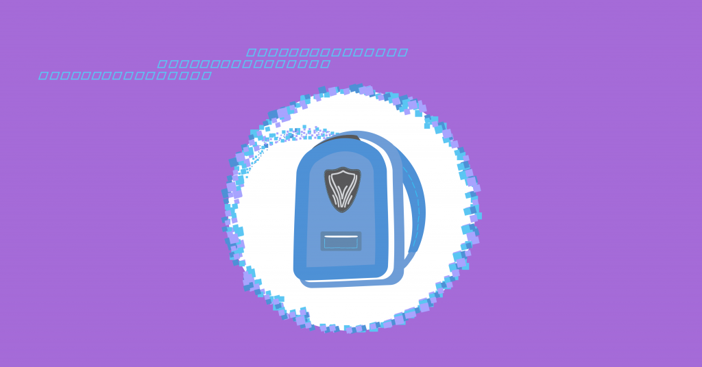 Blue student backpack, with a multi-color trail of data coming from the open top of the bag and encircling it. Bright purple background.
