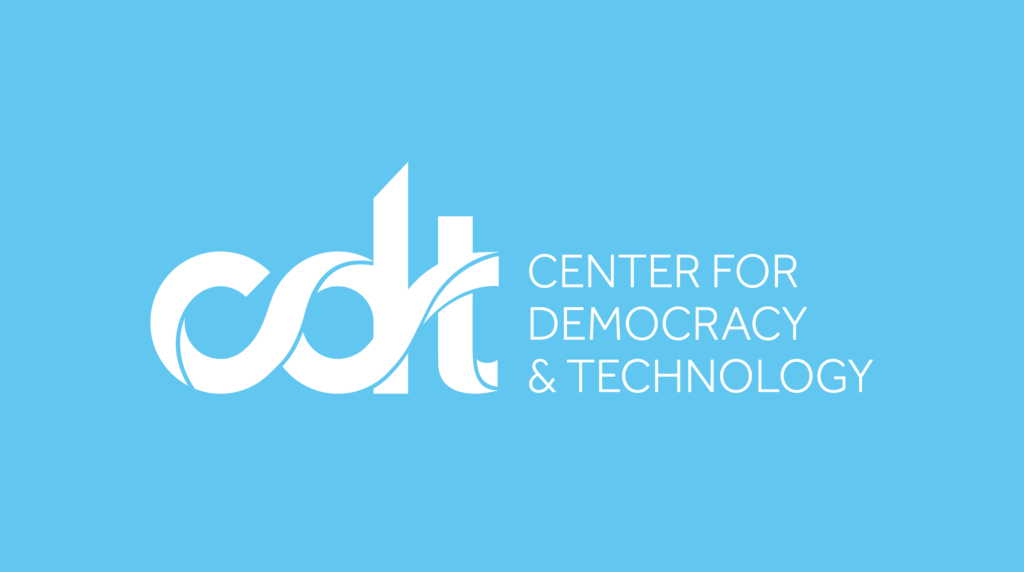 The CDT logo. A white "cdt" alongside "Center for Democracy & Technology" on a light blue background.