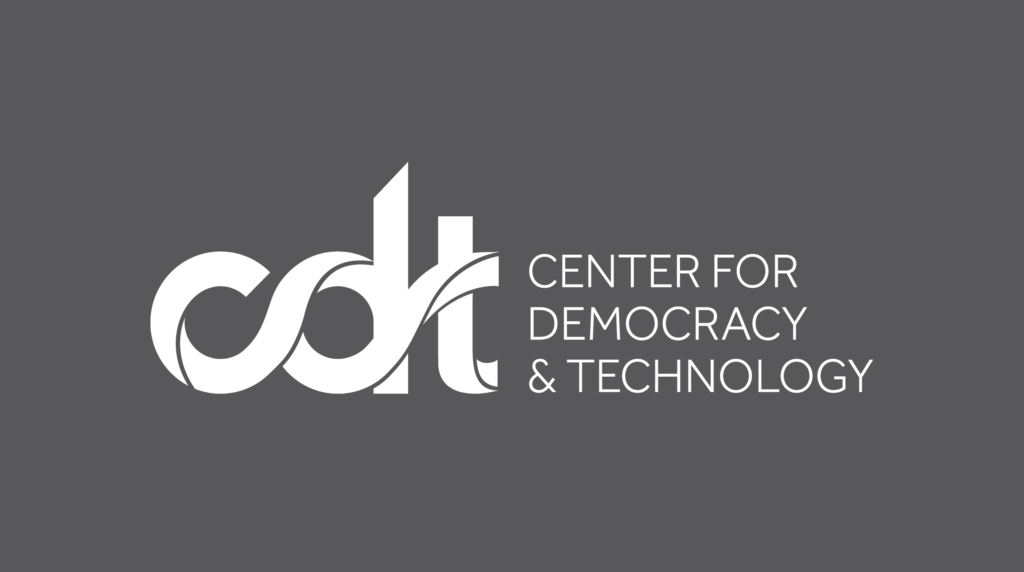 The CDT logo. A white "cdt" alongside "Center for Democracy & Technology" on a dark grey background.