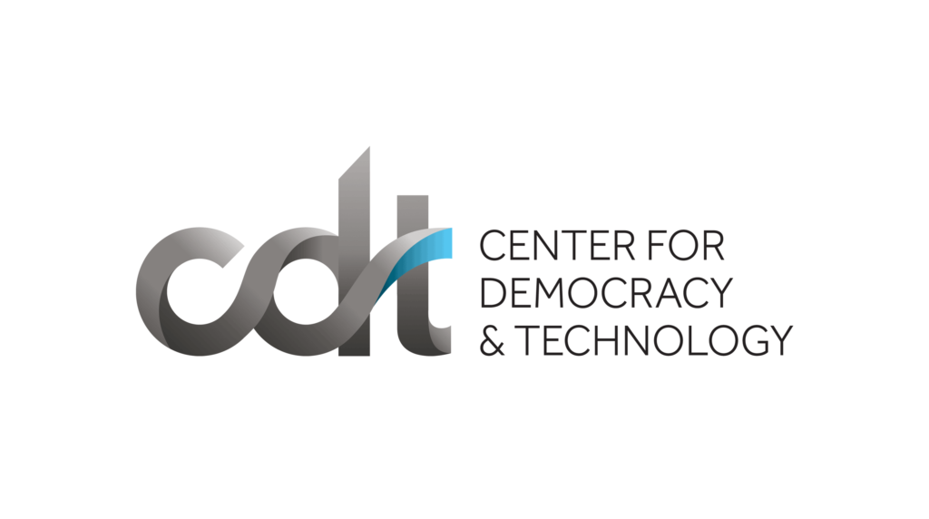 The CDT logo. A light and dark grey "cdt" alongside "Center for Democracy & Technology" on a white background.