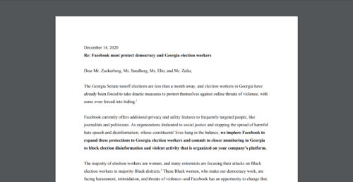 CDT Joins Open Letter Urging Facebook to Extend Journalist and Politician Protections to Elections Workers in Georgia