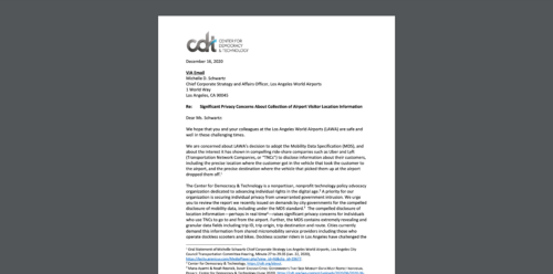 Letter from CDT to LAWA Regarding Compelled Disclosure of Airport Visitor Data, 12-16-2020