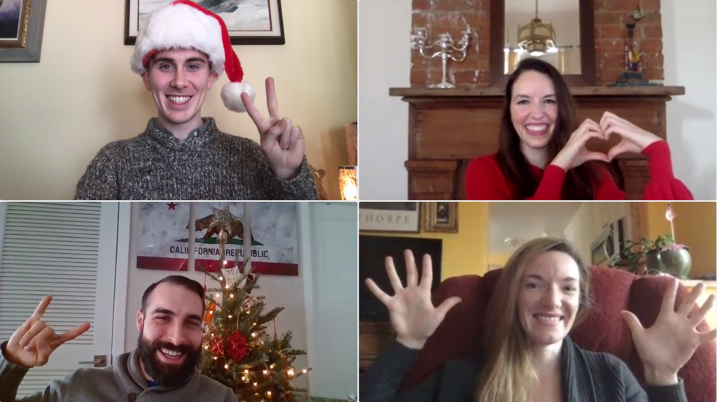 The Student Privacy team sends its holiday greetings over a video call with peace, love, and rock n roll… and jazz hands! From left to right, top to bottom: Hugh Grant-Chapman, Elizabeth Laird, Cody Venzke, Hannah Quay-de la Vallee.