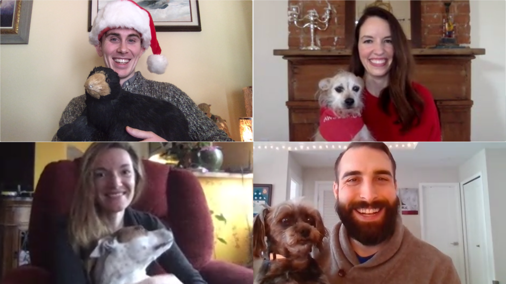 Hugh, Elizabeth, Hannah and Cody are joined by their pets on video. From left to right, top to bottom: Hugh Grant-Chapman, Elizabeth Laird, Hannah Quay-de la Vallee, and Cody Venzke.