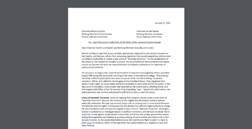 CDT Leads a Sign-on Letter on Law Enforcement Authorities in the Wake of the January 6th Capitol Assault