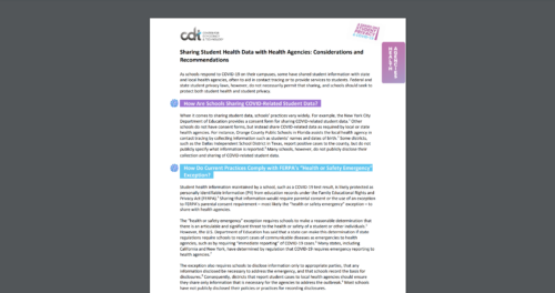 CDT Student Privacy 2 pager on Sharing Student Health Data with Health Agencies