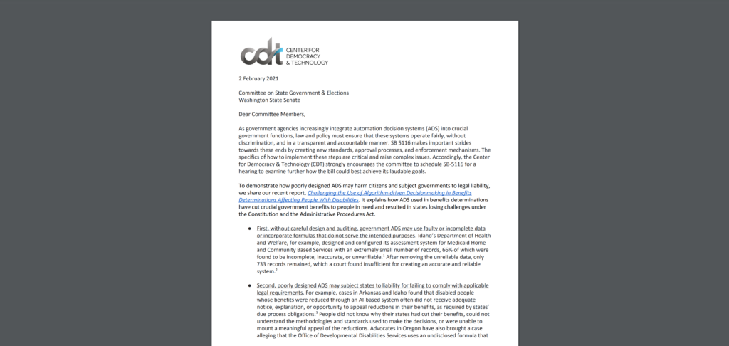 CDT Letter in support of SB-5116, a bill in Washington State to establish new standards for government use of automation decision systems.