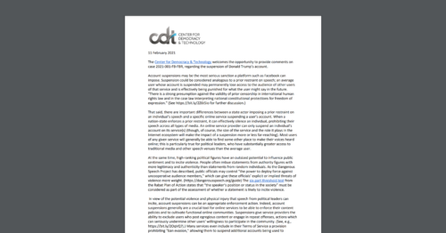Screenshot of CDT's Comments to Facebook Oversight Board on 2021-001-FB-FBR (Case Regarding Suspension of Trump's Account)