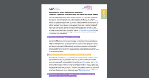 Screen Shot of CDT's Two Pager on Responsible Use of Data and Technology in Education: Community Engagement to Ensure Students and Families Are Helped, Not Hurt
