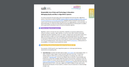 Screen Shot of CDT's Two Pager on Managing Equity and Bias in Algorithmic Systems