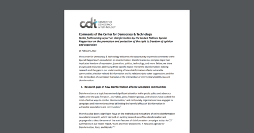 Screenshot of CDT's Comments to the United Nations Special Rapporteur on Freedom of Expression for Upcoming Report on Disinformation
