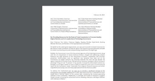 Screenshot of Bipartisan Coalition Letter CDT Joined Asking Congress to Provide FTC More Resources for Expert Staff