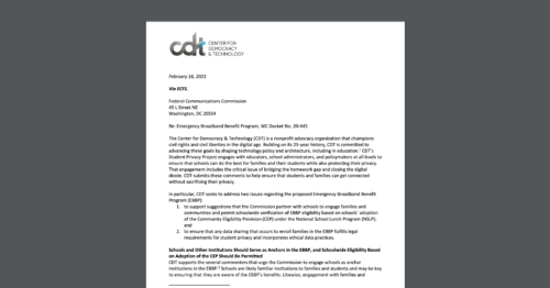 Screen Shot of CDT's Reply Comment to the FCC on Student Privacy in the Emergency Broadband Benefit Program