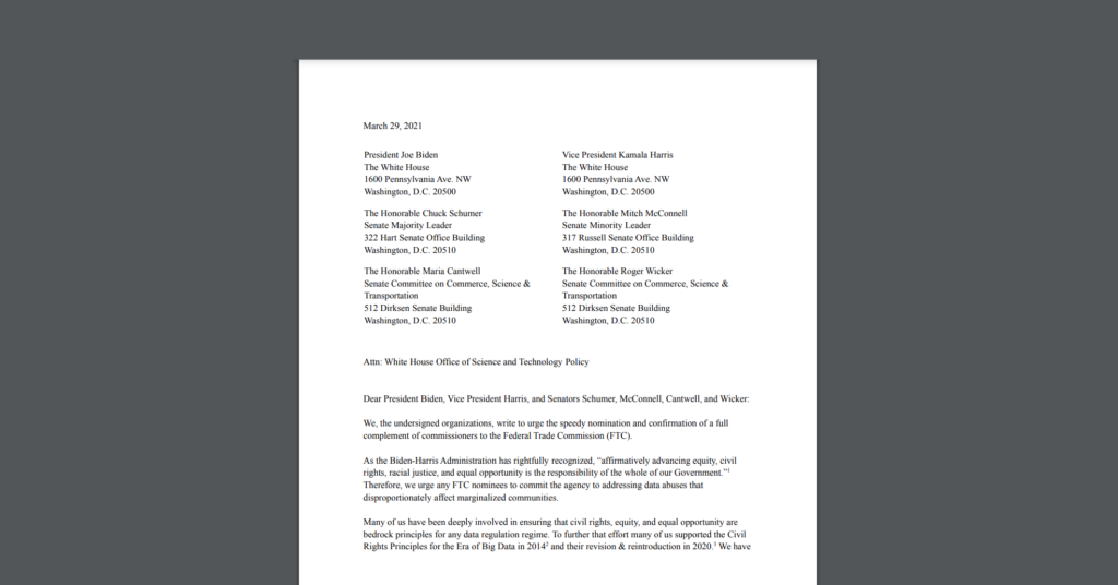 Screen Shot of a Letter CDT Joined Urging Incoming FTC Commissioners to Address Civil Rights Principles