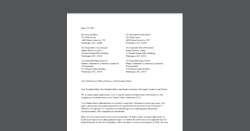 Screen Shot of a Letter CDT Joined Urging Incoming FTC Commissioners to Address Civil Rights Principles