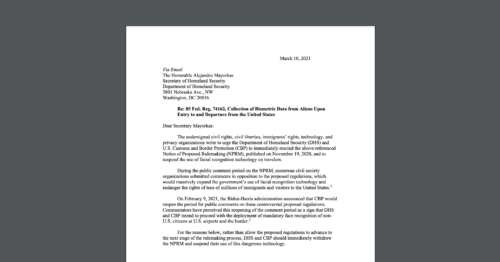 Screenshot of the March 10, 2021 Coalition Letter CDT Joined to DHS re: Face Surveillance in Airports.
