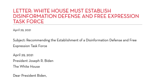 Screen Shot of PEN America Letter to the White House Urging the Establishment of a Disinformation Defense and Free Expression Task Force