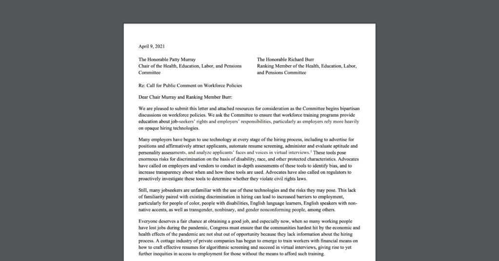 Screen Shot of Letter CDT Joined Urging Senate to Protect Jobseekers From Use of Hiring Assessment Technologies