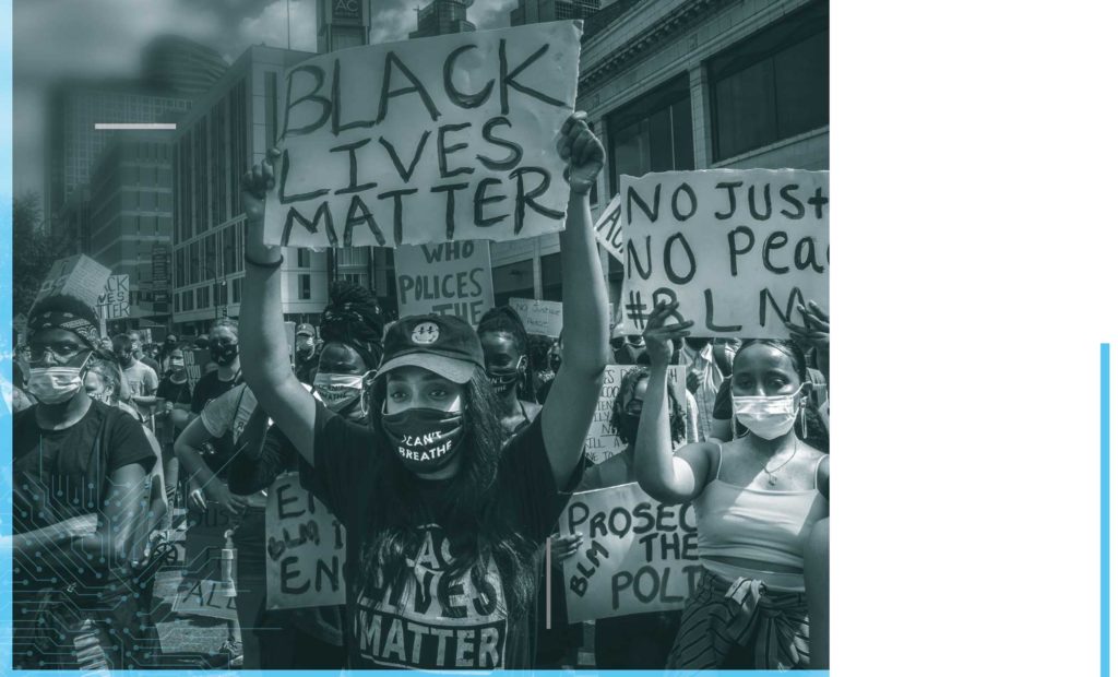 Image of protestors holding up signs, including messages like "Black Lives Matter" and "No Justice No Peace #BLM".