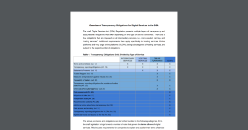 Screenshot of the CDT Europe team's Overview of the Transparency Obligations for Digital Services in the DSA.