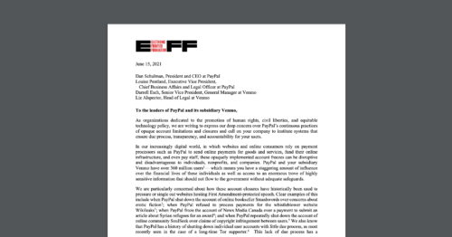 Screenshot of a letter, with CDT joining EFF and 50+ other organizations in telling PayPal and Venmo to shape up their policies on account closures.