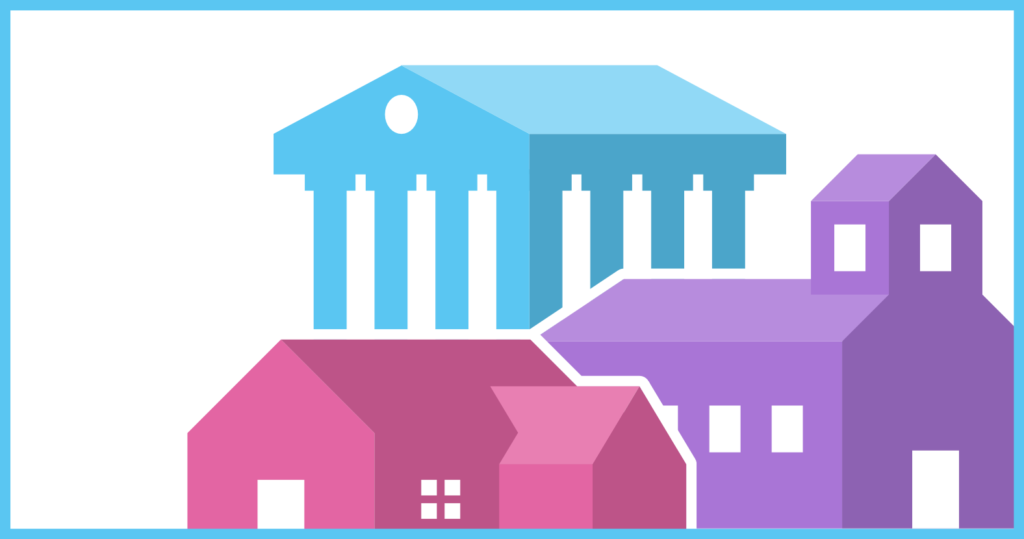 A close-up image of the collection of symbols used by CDT to represent it's Equity in Civic Technology project. The image includes a blue building, a purple school, and a soft red home against a white background.