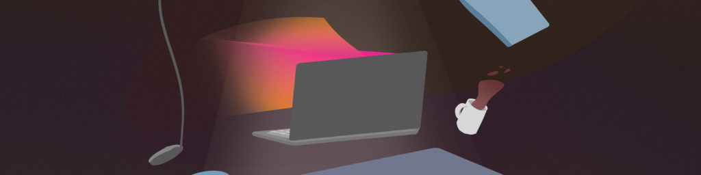 Graphic from the cover of CDT's report, entitled "Warning: Bossware May Be Hazardous to Your Health." A close-up of a grey computer levitating above a desk and omitting an ominous orange and pink light, on a dark grainy background.