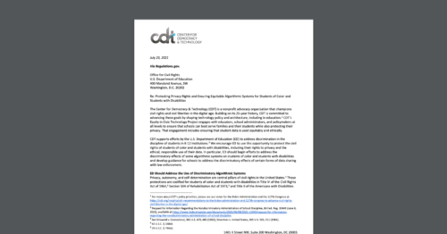 A screen shot of CDT's comments to the U.S. Department of Education, urging for the protection of students of color and students with disabilities – and their data. White document on a dark grey background.