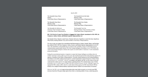 Screenshot of open letter CDT joined - alongside EFF, Demand Progress, and two dozen others - urging Congress to support an amendment that would end Section 702 warrantless backdoor searches. White document on dark grey background.