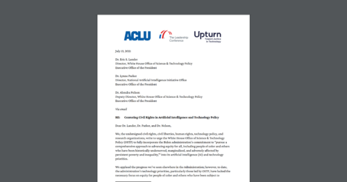 Screenshot of an open letter CDT joined, urging the White House OSTP to make civil rights a top technology priority across hiring, credit, and housing. White document on dark grey background, with organizational logos of ACLU, the Leadership Conference, and Upturn at the top.