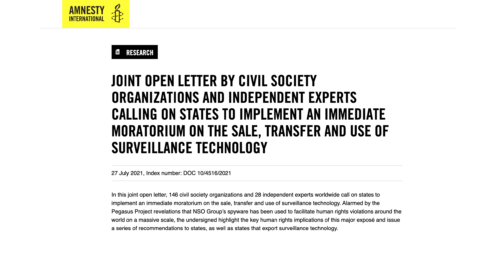 Screenshot of an open letter CDT signed, led by Amnesty International and Access Now, calling for a moratorium on the sale, transfer, and use of surveillance technology. Black bold text on a white background, with a bright yellow Amnesty logo.