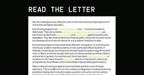 Screen shot of the open letter from Fight for the Future and other civil rights and youth advocacy orgs, calling on schools to ban eproctoring programs.