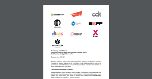 Screenshot of CDT Europe's joint civil society statement urging the IMCO Committee to uphold fundamental rights in the DSA. Ten organizational logos are displayed on top of a white background.