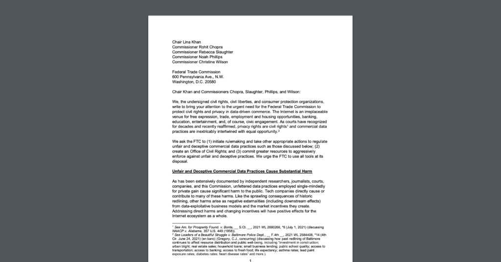 Screenshot of a coalition letter CDT joined, urging the FTC to better protect consumers against data-driven civil rights harms. White document on a dark grey background.