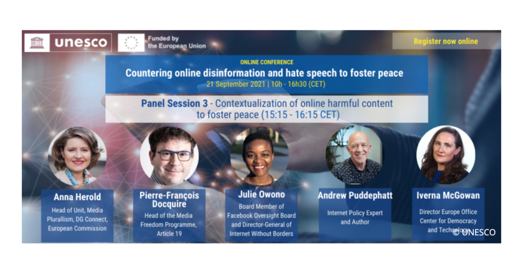 Graphic for a UNESCO event, entitled "Countering online disinformation and hate speech to foster peace." CDT Europe's Iverna McGowan will be a speaker.