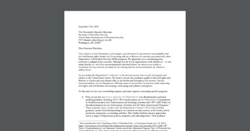 CDT joined a sign-on letter, alongside 20+ civil liberties and civil rights groups, urging the US Department of Homeland Security to end its collection of social media identifiers and social media content. White document on dark grey background.