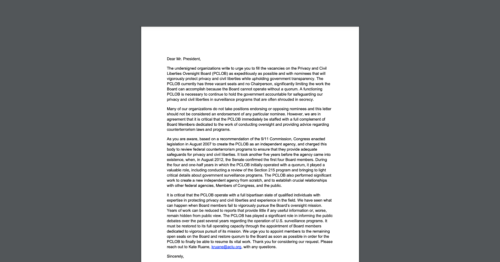 Screenshot of a sign-on letter CDT joined, urging President Biden to appoint members to the Privacy and Civil Liberties Oversight Board (PCLOB). White document on a dark grey background.