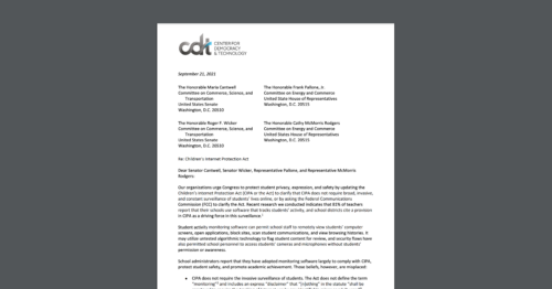 CDT letter, along with a coalition of education and civil rights advocates, urging Congress to protect student privacy. White document on a grey background.