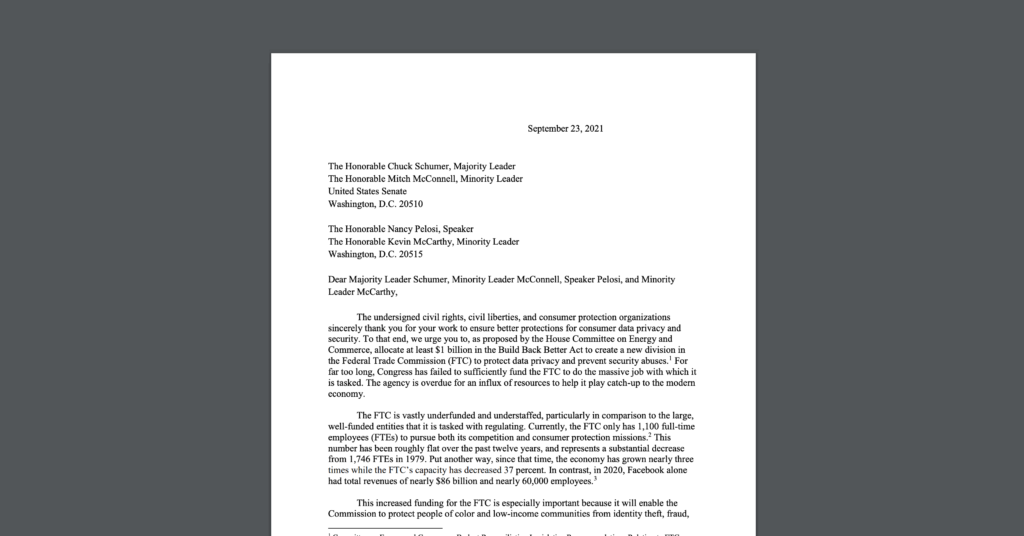 CDT joined a coalition letter supporting FTC privacy funding in the Build Back Better Act. White document on a dark grey background.