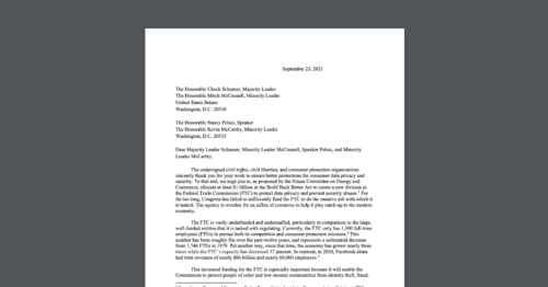 CDT joined a coalition letter supporting FTC privacy funding in the Build Back Better Act. White document on a dark grey background.