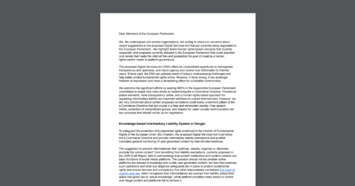 CDT Europe joins EFF & Access Now in signing onto an open letter, urging the European Parliament to address the negative impacts proposed measures on the right to freedom of expression & opinion. White document on a dark grey background.