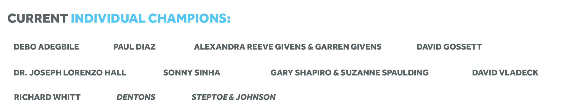 These are CDT's current Individual Champion level sponsors for our 2021 Tech Prom. Image includes various names in grey text on a white background.