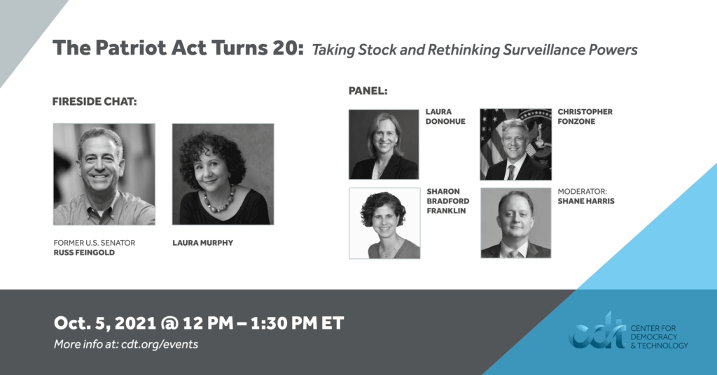 Graphic for a CDT event entitled "The Patriot Act Turns 20: Taking Stock and Rethinking Surveillance Powers." Event on October 5, 2021. More info at: cdt.org/events. White and dark grey text on dark grey and white backgrounds. Headshots of the event's speakers.