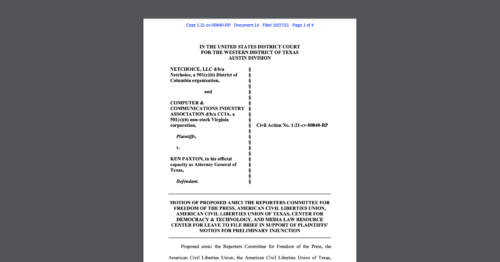 CDT joined an amicus brief in the case entitled Netchoice v. Paxton. White document on a dark grey background.