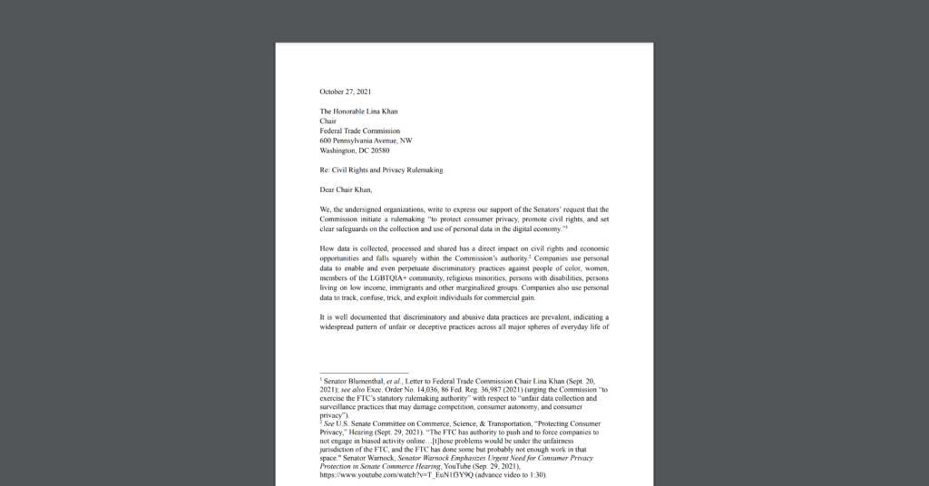 CDT joined dozens of civil society organizations in a letter calling on the FTC to initiate a rulemaking to protect against data harms. White document on a dark grey background.