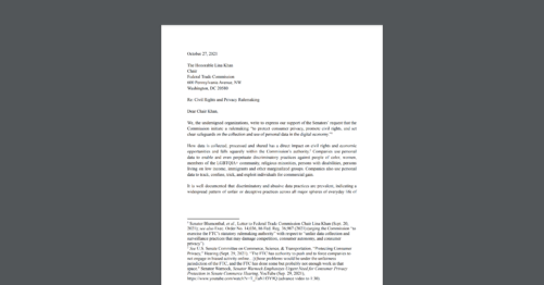 CDT joined dozens of civil society organizations in a letter calling on the FTC to initiate a rulemaking to protect against data harms. White document on a dark grey background.